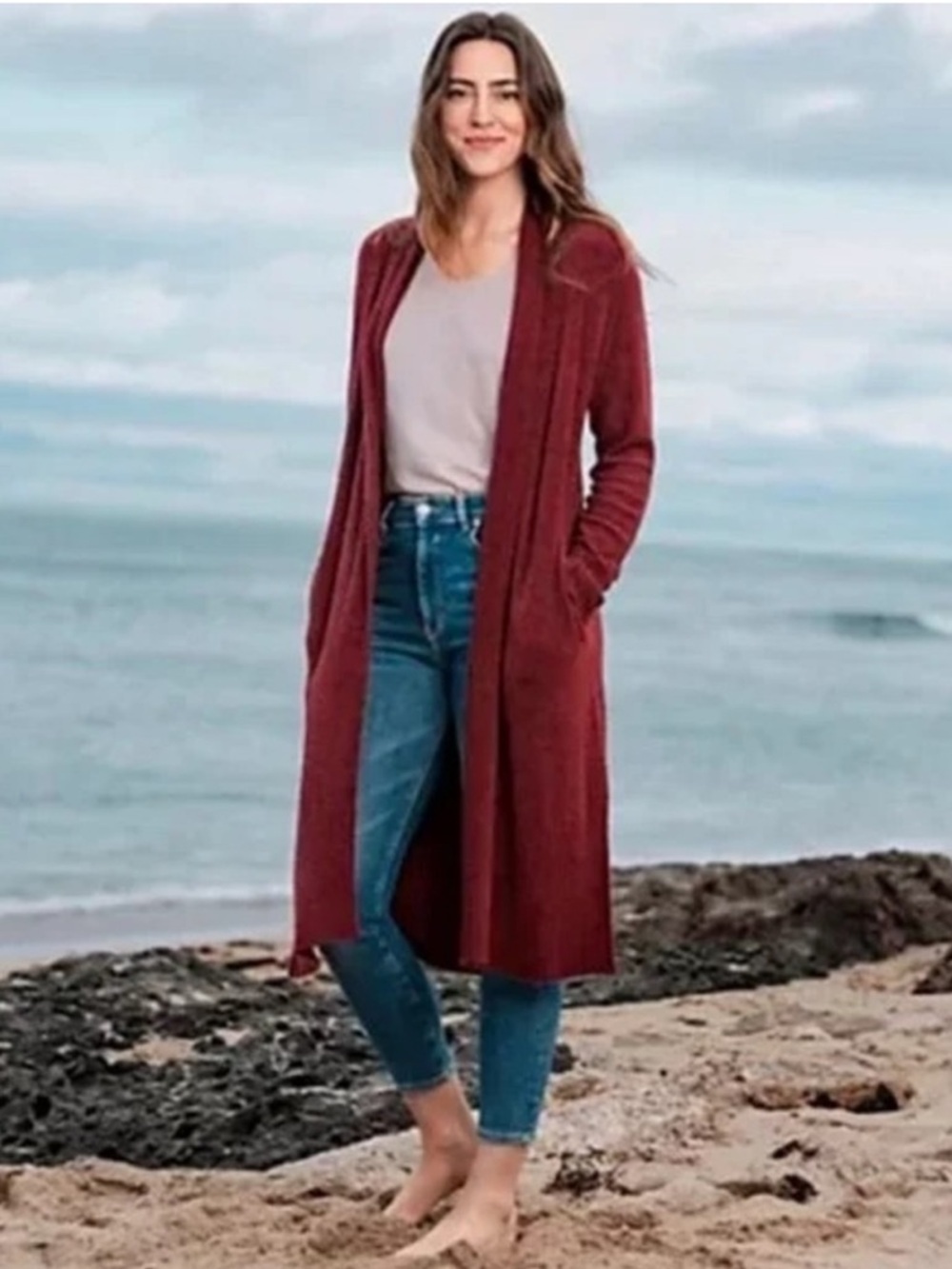 Barefoot Dreams CozyChic Lite Catalina Long Cardigan in Garnet Red size XS